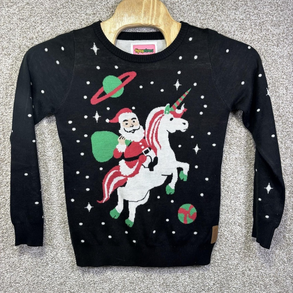 Tipsy Elves Sweater Womens Small Black Santa Unicorn Space Christmas Graphic